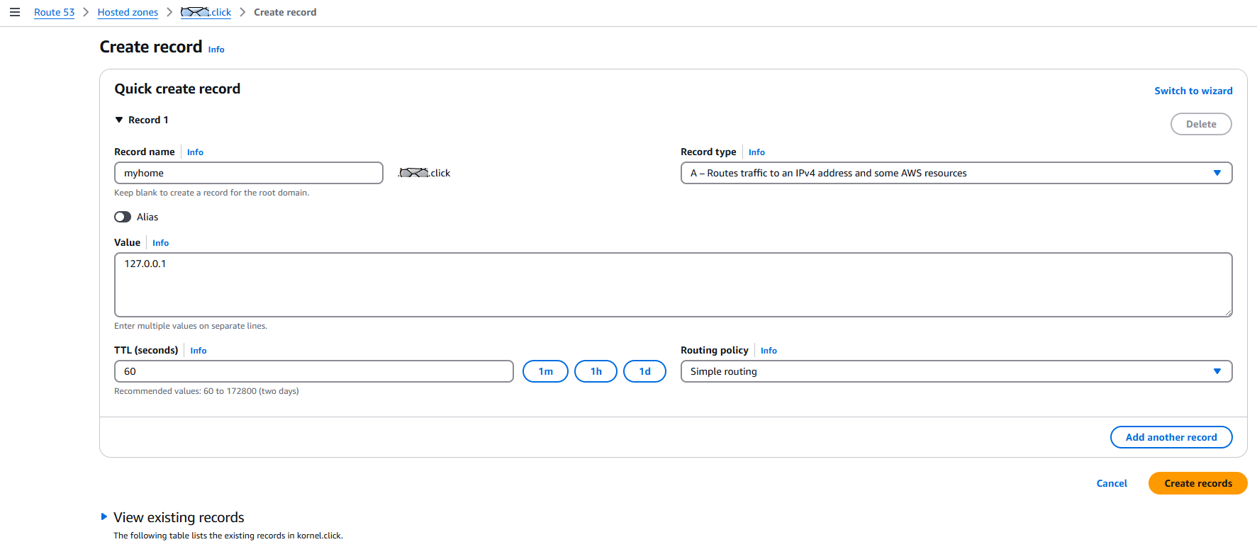 AWS hosted zone create record